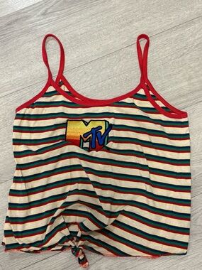 MTV Rainbow Stripe Cropped Tank with Red Trim